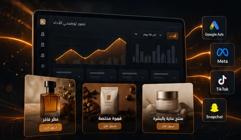 نموذج توضيحي للوحة أداء إعلاني مع منتجات العطر والقهوة والعناية وشعارات منصات الإعلان